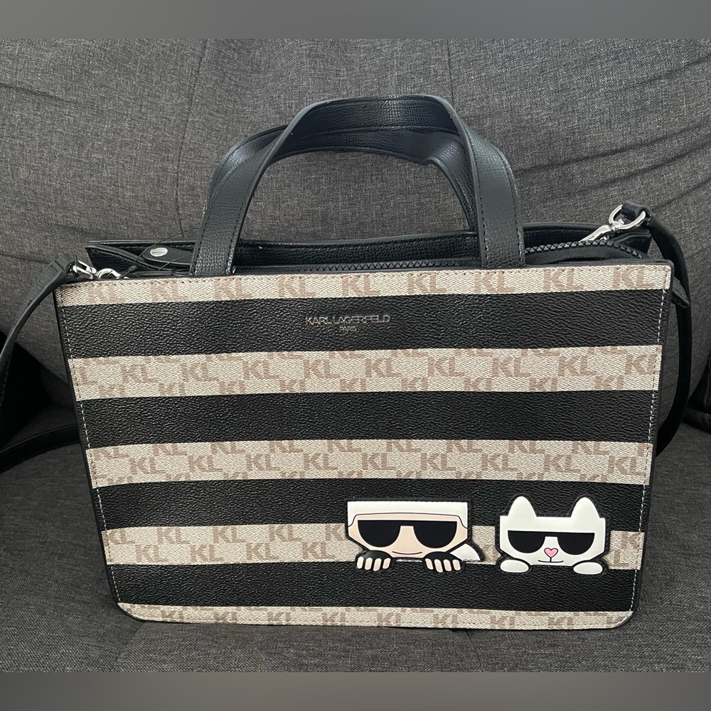 Karl Lagerfeld Black and Cream Striped Tote